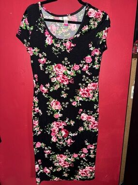 No Boundaries Black Midi Dress with Pink Floral Print